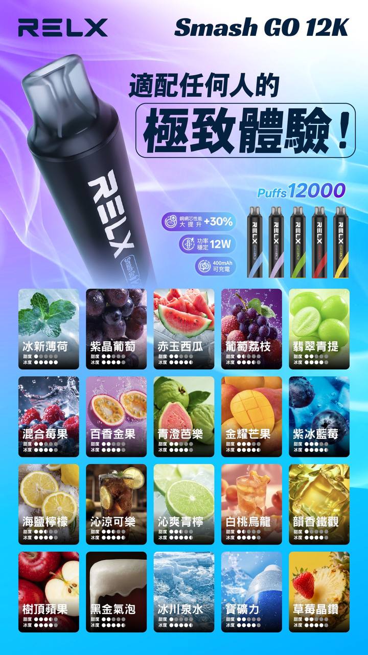 RELX Smash Go 12000口｜【旗艦長續航】悅刻原廠工藝・智慧油電雙顯・超大煙霧 Mesh 網芯